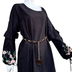 Black Embroidered Dress Cotton Bishop Sleeve Ruffle Floral Oversized Sz 22‎ NWOT